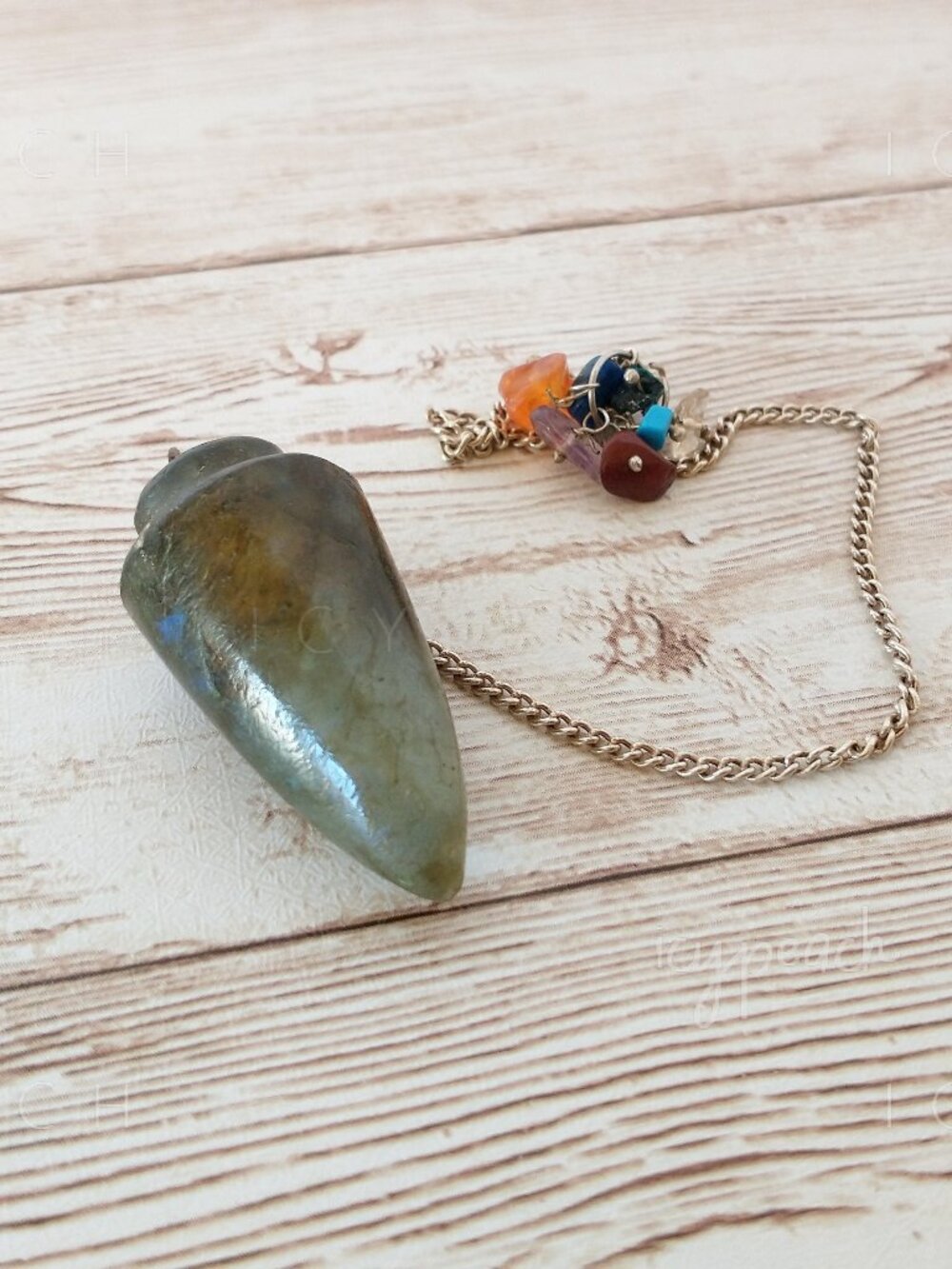 Crystal Pendulum Labradorite Chakra Chips Handmade Teardrop with Mini Stones